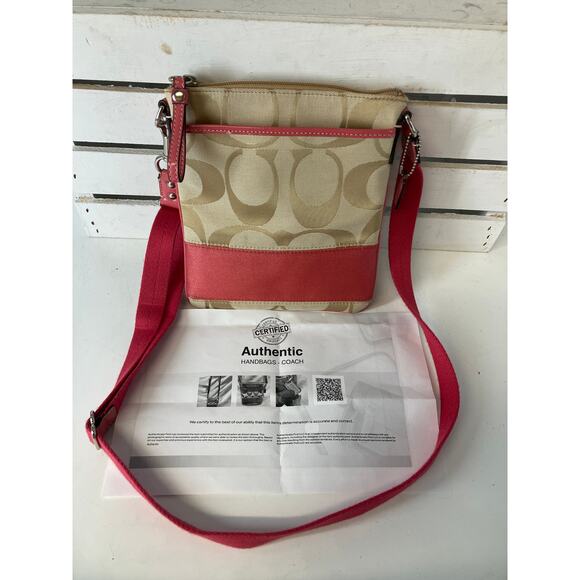 COACH SMALL TAN, PINK SIGNATURE PRINT CANVAS CROSSBODY BAG - Picture 1 of 16